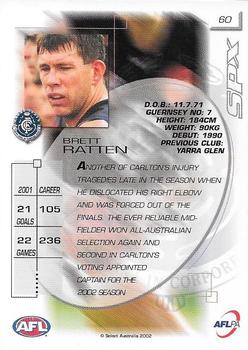 2002 Select AFL Exclusive SPX #60 Brett Ratten Back